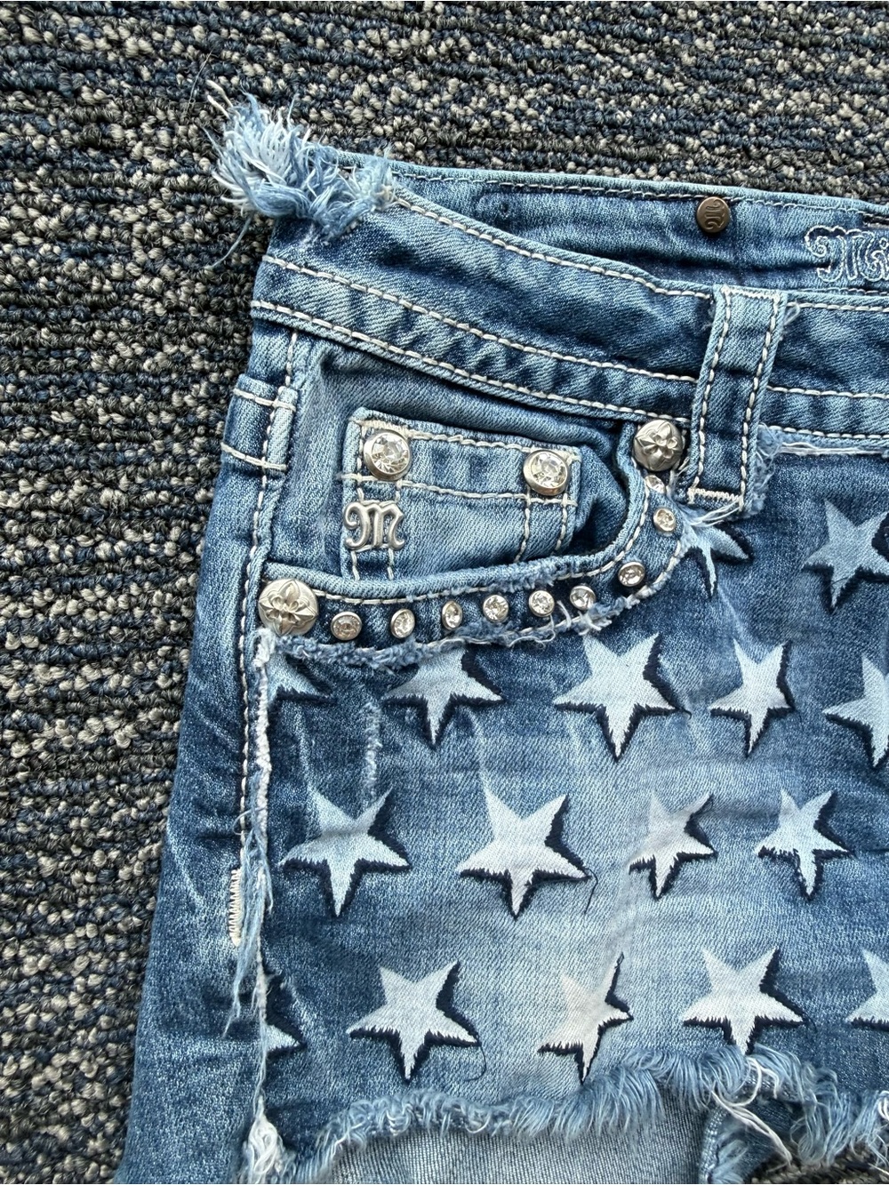Miss Me Blue Distressed Flag Denim Jean Shorts - Picture 7 of 7